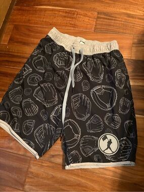 Baseballism Glove Print Swim Trunks Youth Large Black Gray Baseball Swim (1338)